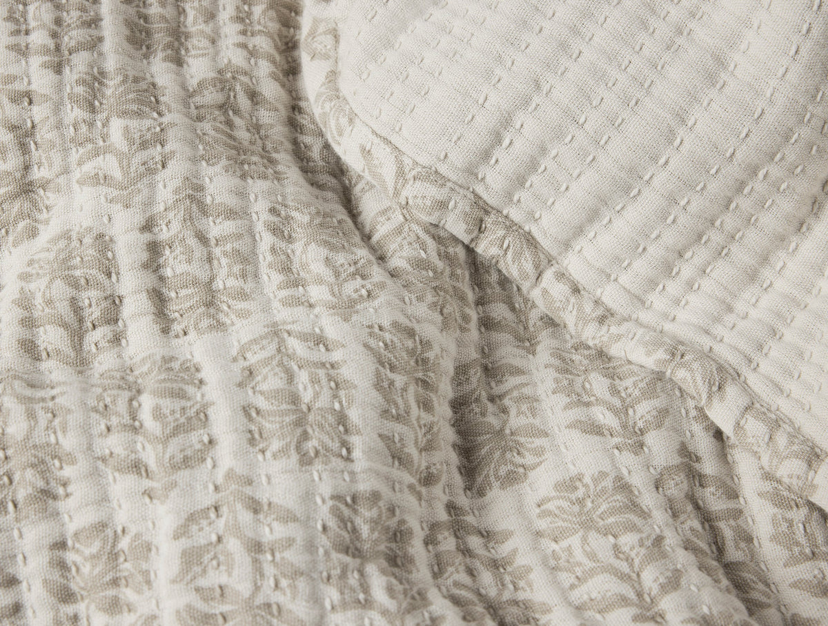 Coyuchi Mirada Organic Matelasse Blanket in Sand Chrysanthemum - close up of edge folded #colour_sand chrysanthemum