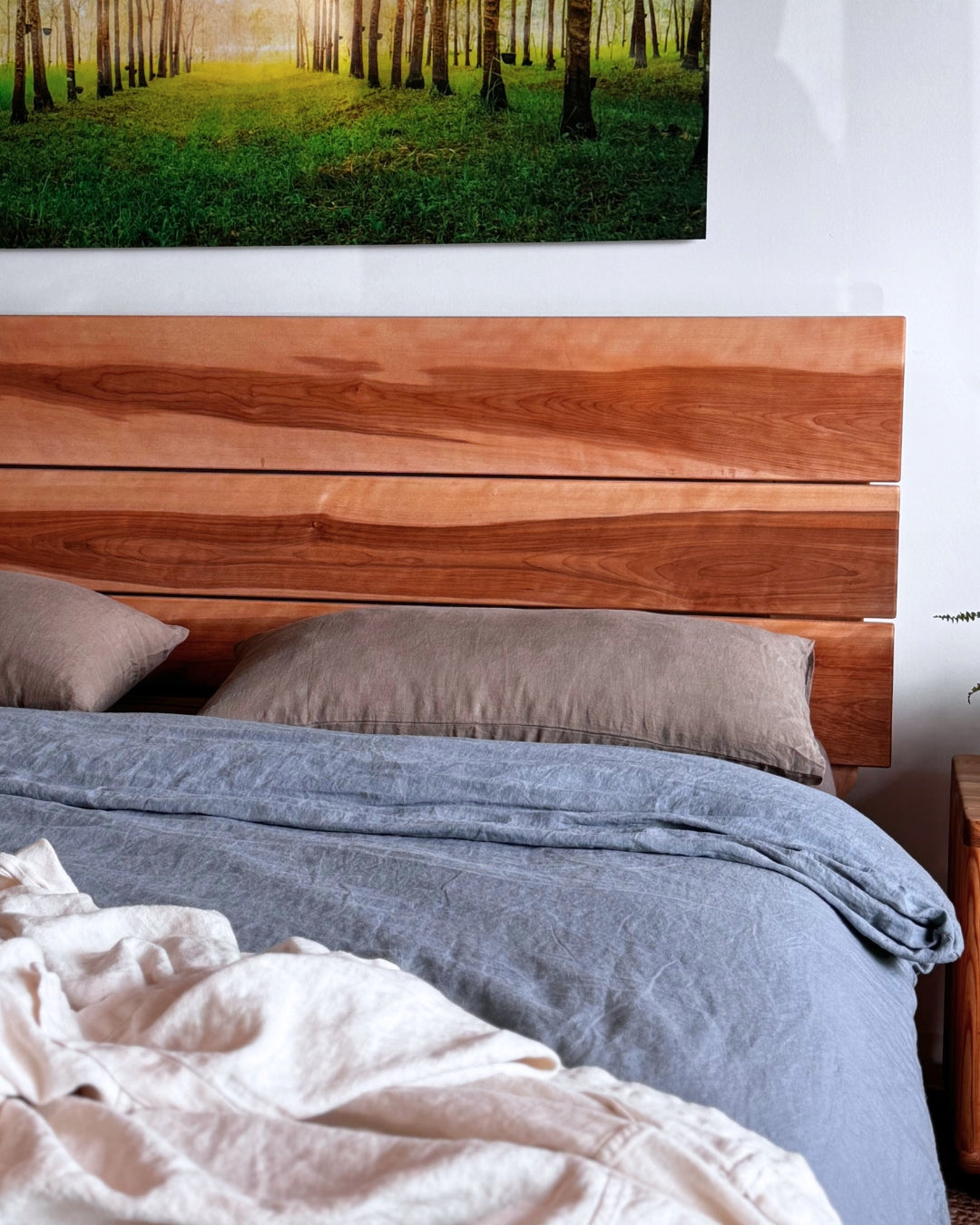 Adrift Birchwood North Bed Frame - made bed with Linen
