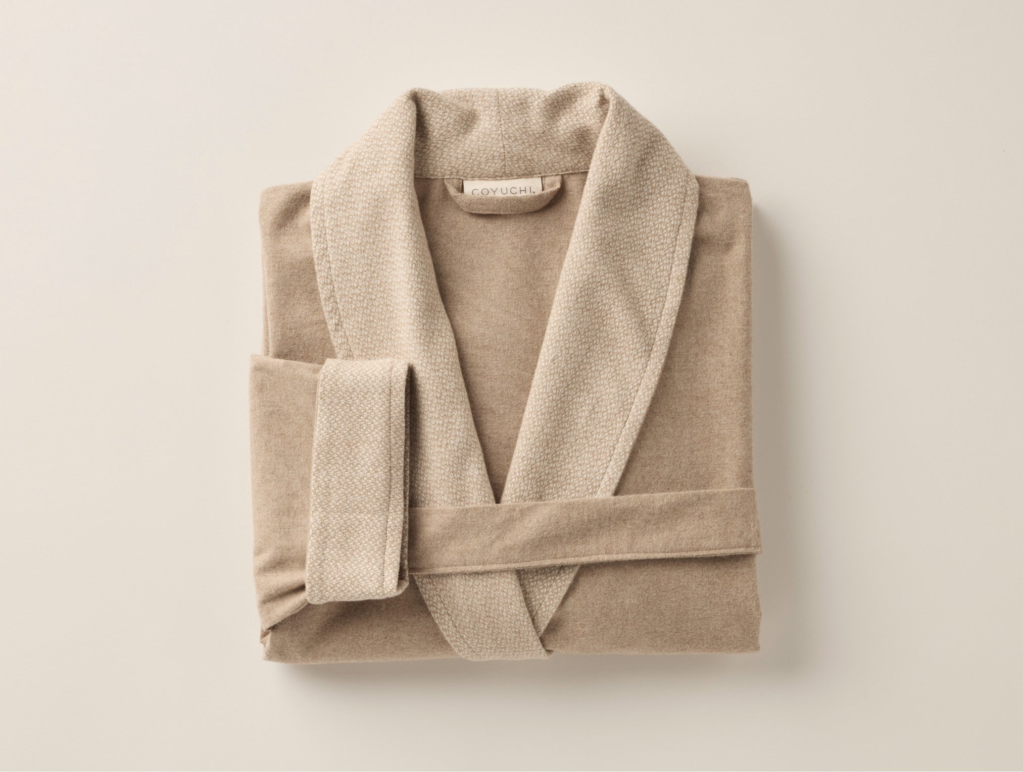 Coyuchi Cloud Brushed Organic Flannel Robe - folded #colour_camel heather