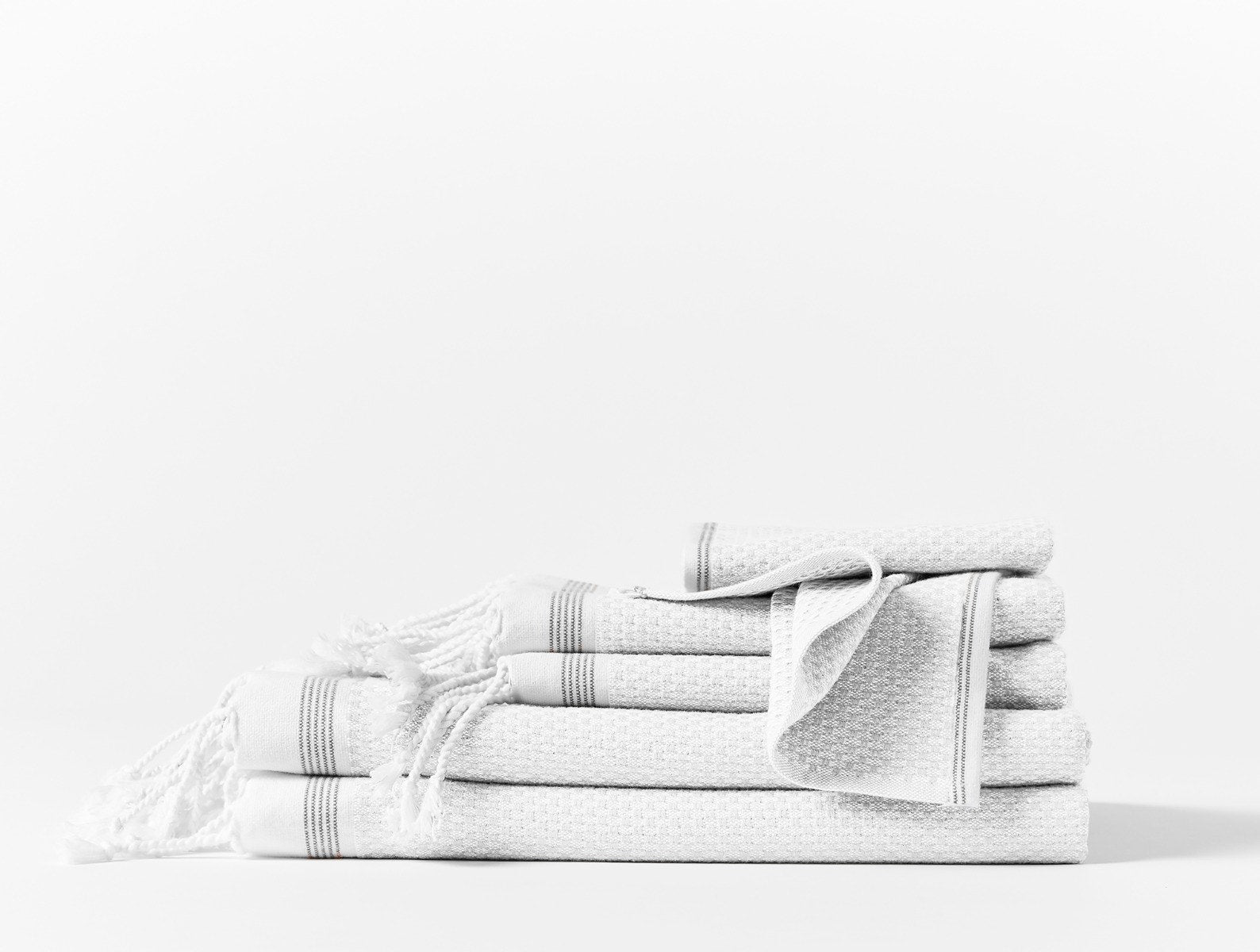 Coyuchi Organic Cotton Mediterranean Towels - stacked #colour_Alpine White w/ Slate Stripes