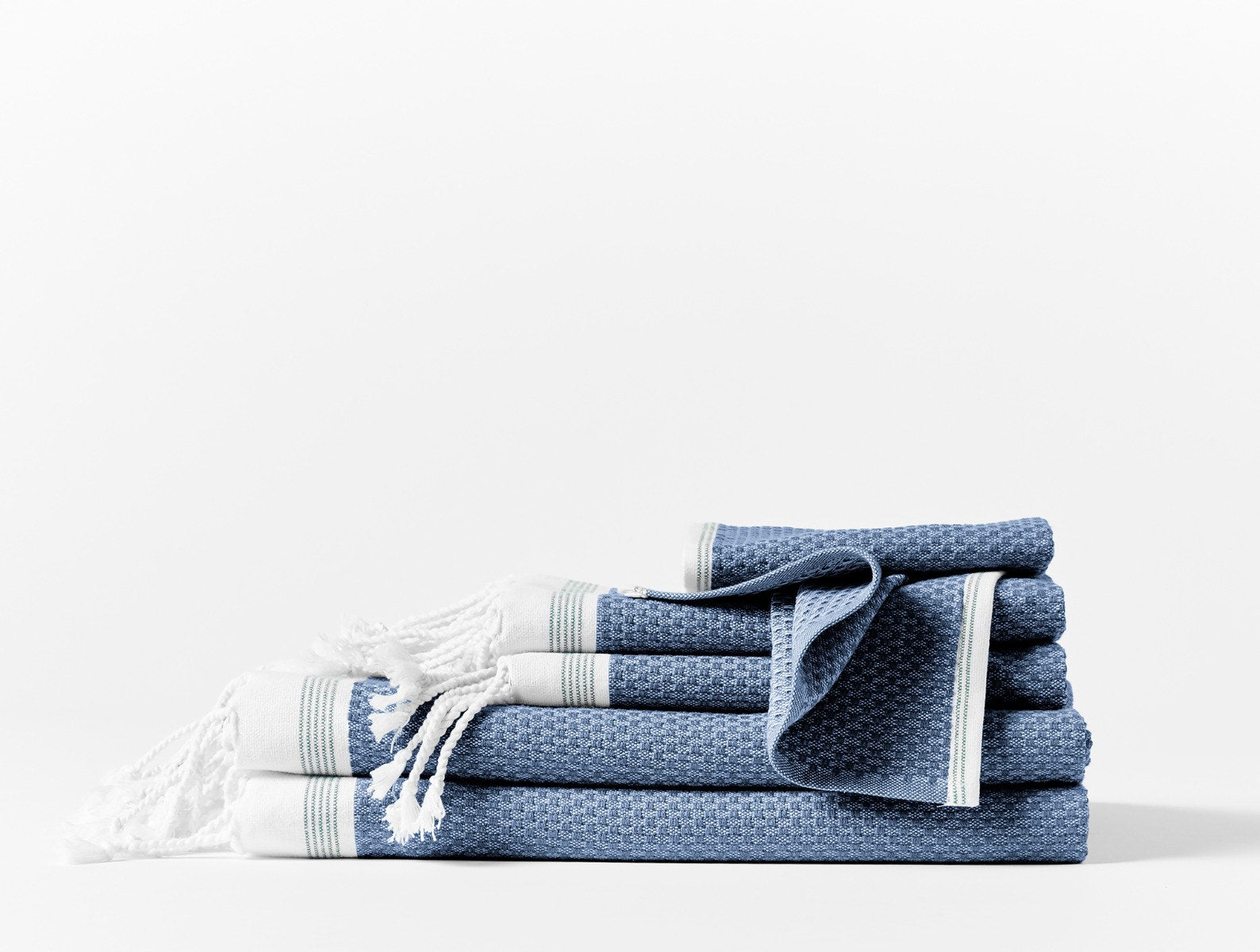 Coyuchi Organic Cotton Mediterranean Towel - 6 piece set stacked #colour_Lake w/ Sea Spray Stripes