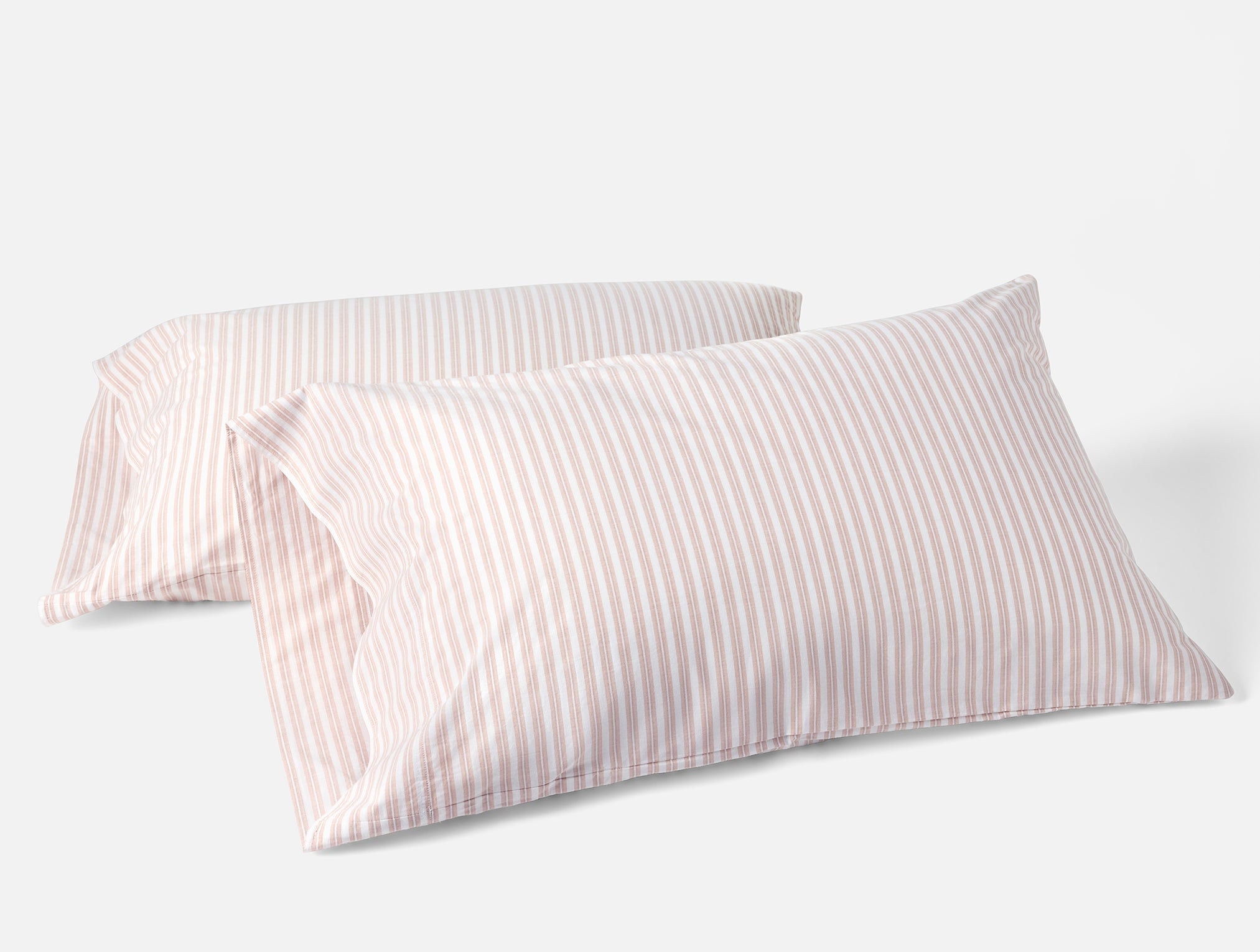 Coyuchi Organic Crinkled Percale Pillowcase - stacked with white background #colour_Praline Stripe