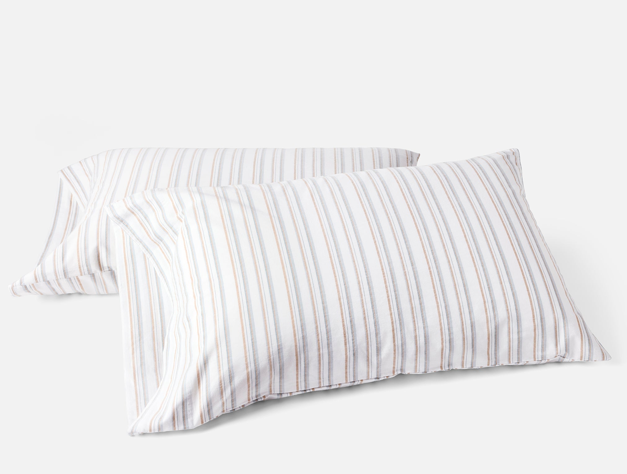 Coyuchi Organic Crinkled Percale Pillowcase - stacked with white background #colour_Surf Stripe