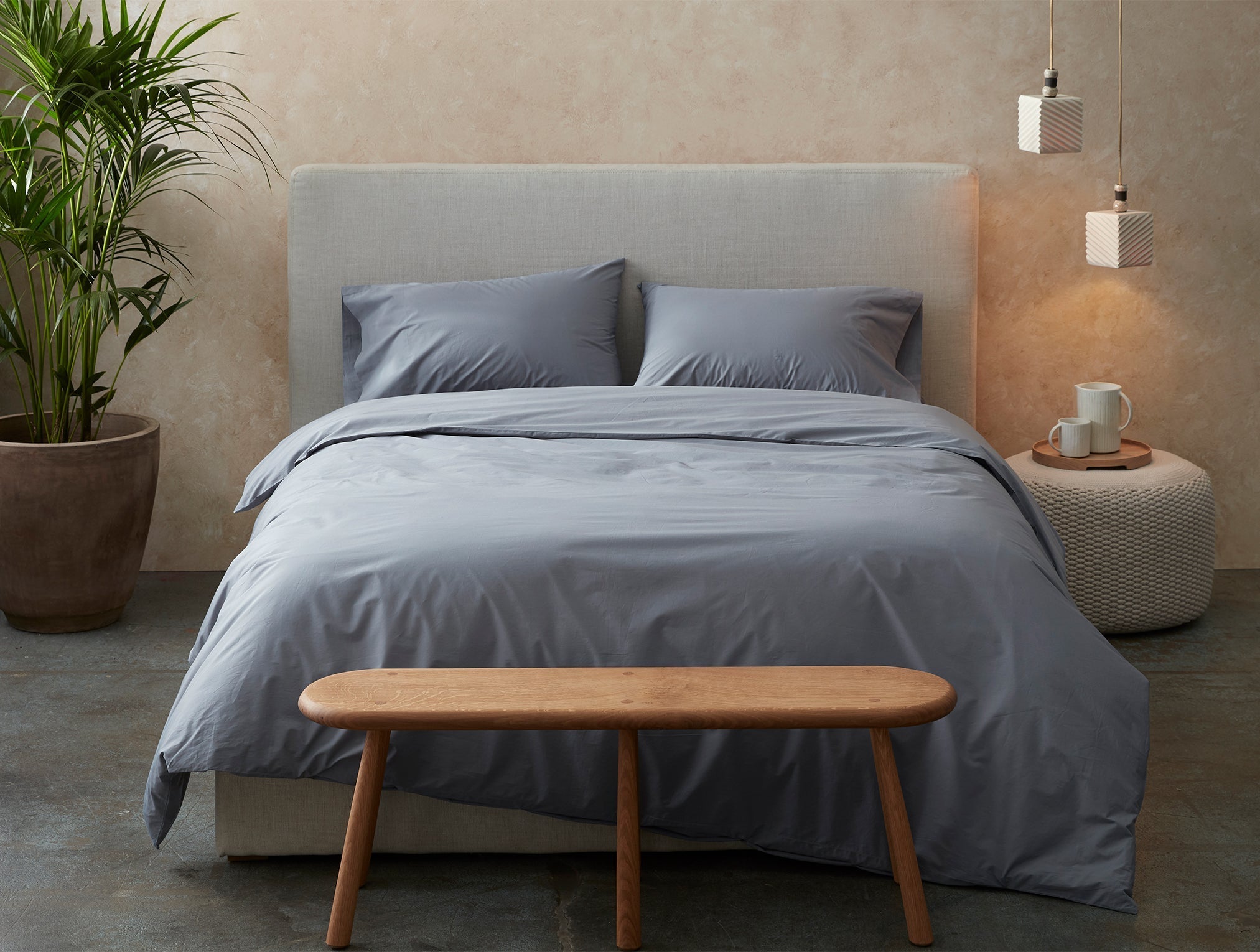 Coyuchi Organic Refined Percale Pillowcase - staged bed scene #colour_steel blue