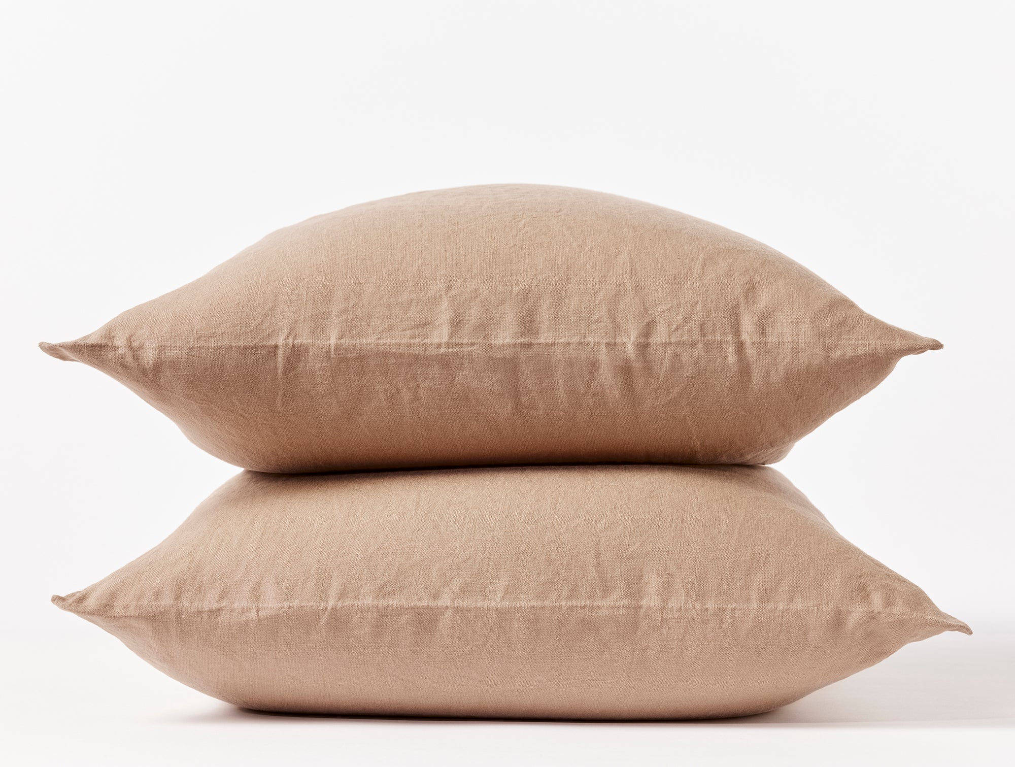 Coyuchi Organic Relaxed Linen Pillowcases in Doe – two stacked pillows, showing pillowcase fit and linen texture #colour_doe