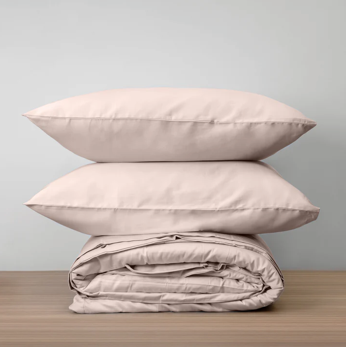 Homebird Organic Cotton Sateen Duvet Cover and Pillowcases - stacked #colour_blush
