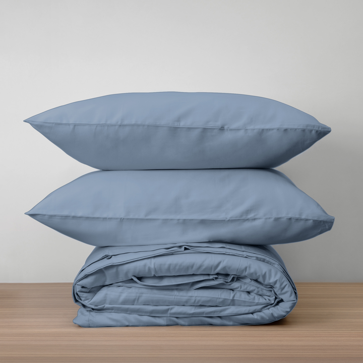 Homebird Organic Cotton Sateen Duvet Cover and Pillowcases - stacked #colour_steel blue