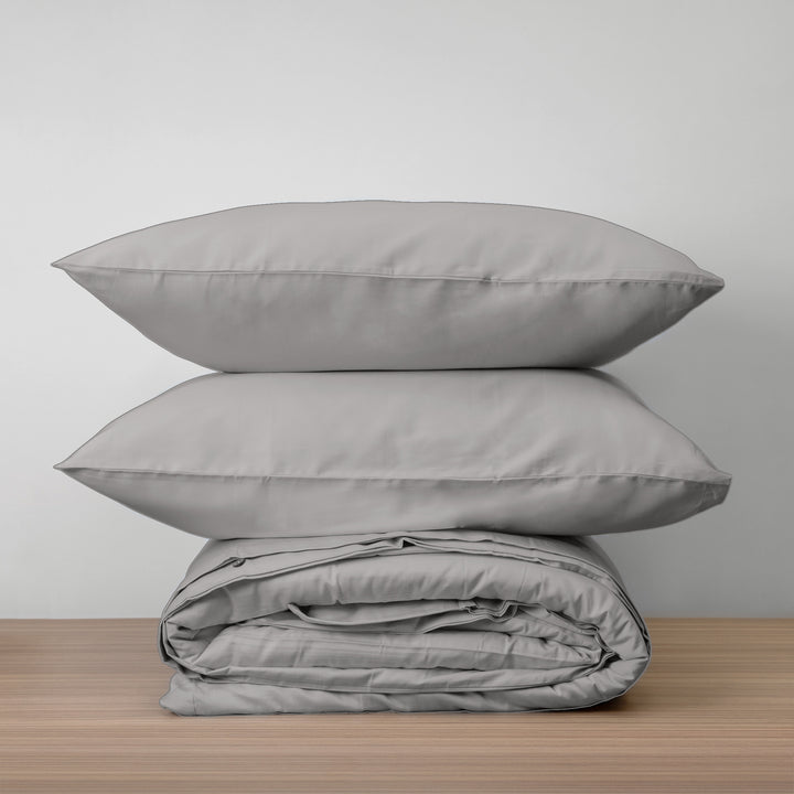 Homebird Organic Cotton Sateen Duvet Cover and Pillowcases - stacked #colour_stone