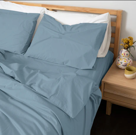 Homebird Organic Percale Duvet Cover and Pillowcases - staged bed #colour_aqua blue