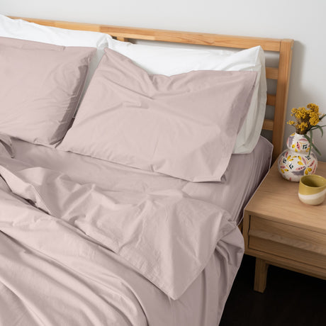 Homebird Organic Percale Duvet Cover and Pillowcases - staged bed #colour_dusty pink