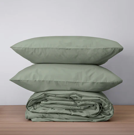 Homebird Organic Percale Duvet Cover and Pillowcases - stacked #colour_sage green