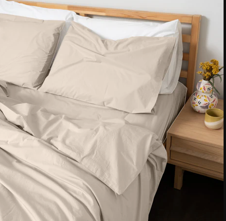 Homebird Organic Percale Duvet Cover and Pillowcases - staged bed #colour_sandy white