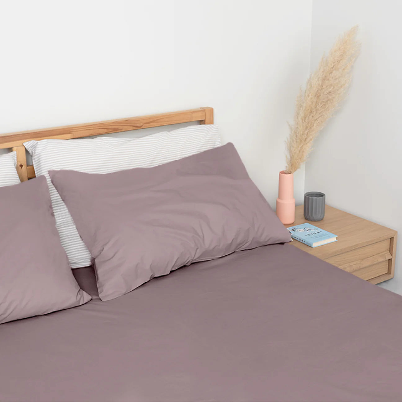Homebird Organic Percale Fitted Sheet and Pillowcases - staged bed #colour_dusk