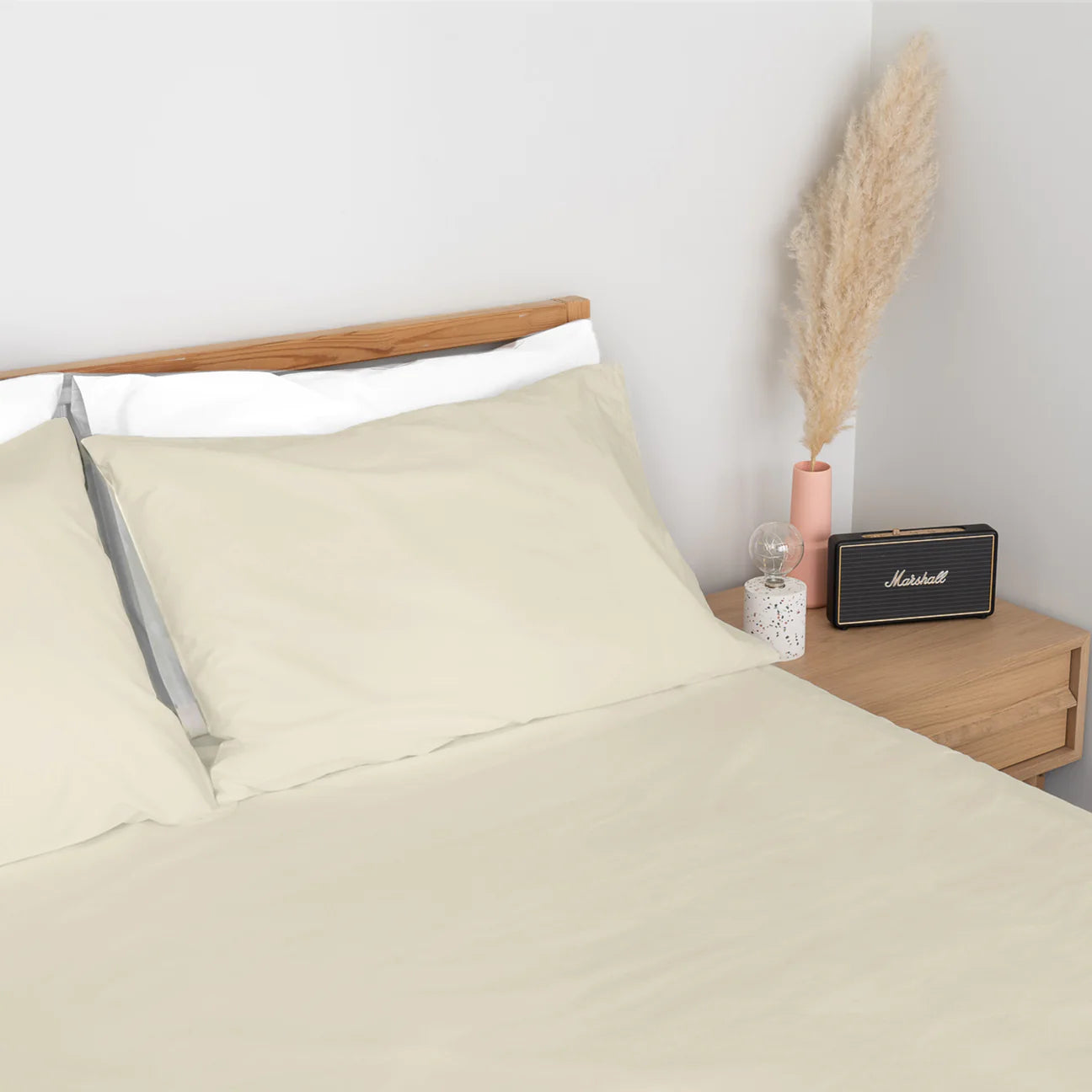 Homebird Organic Percale Fitted Sheet and Pillowcase - staged bed #colour_sandy white