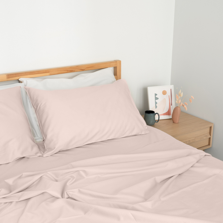 Homebird Organic Sateen Flat Sheet - staged bed #colour_blush