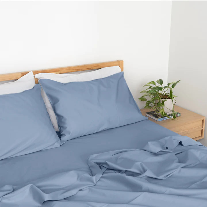 Homebird Organic Sateen Flat Sheet - staged bed #colour_steel blue