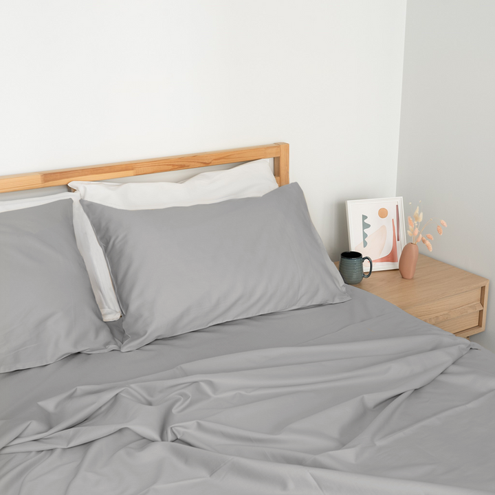 Homebird Organic Sateen Flat Sheet - staged bed #colour_stone