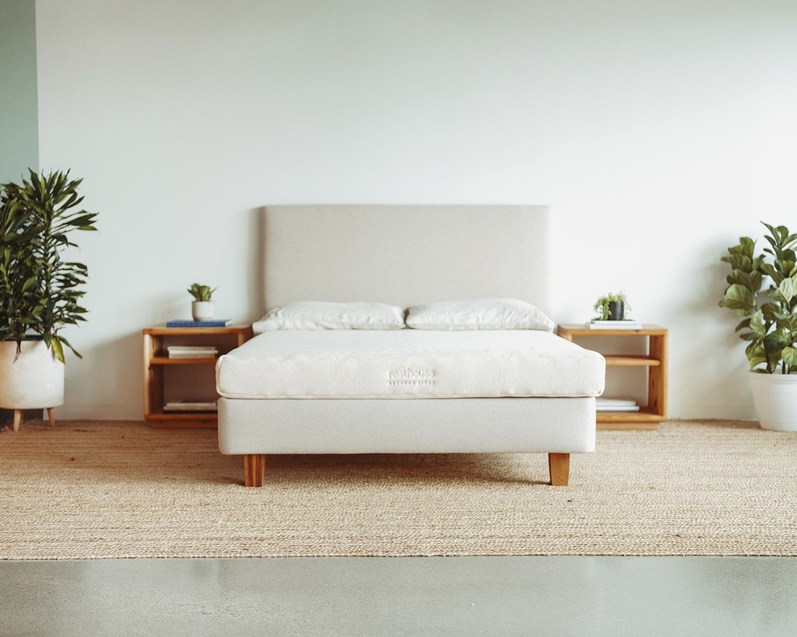 Resthouse Retreat Light Organic Latex Mattress - zoomed out staged with plants