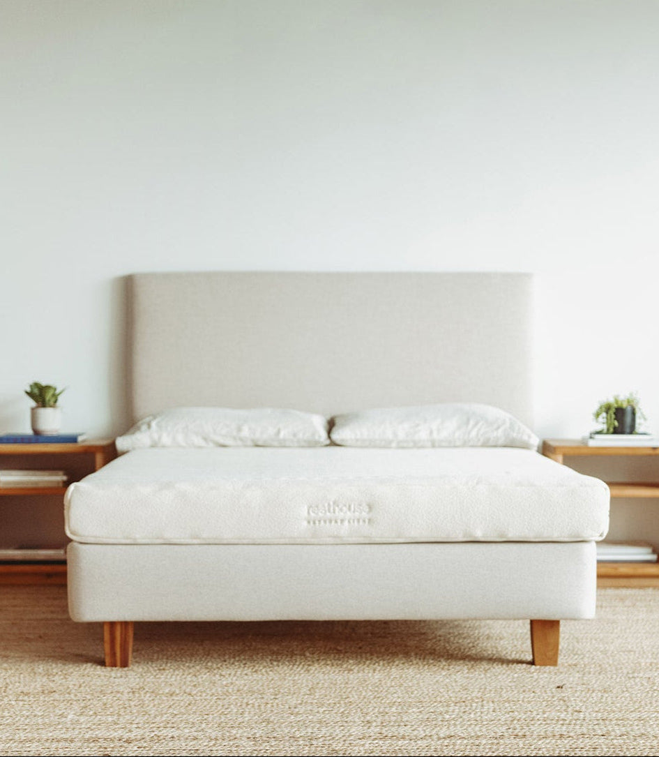 Resthouse Retreat Light Organic Latex Mattress - zoomed out staged with plants