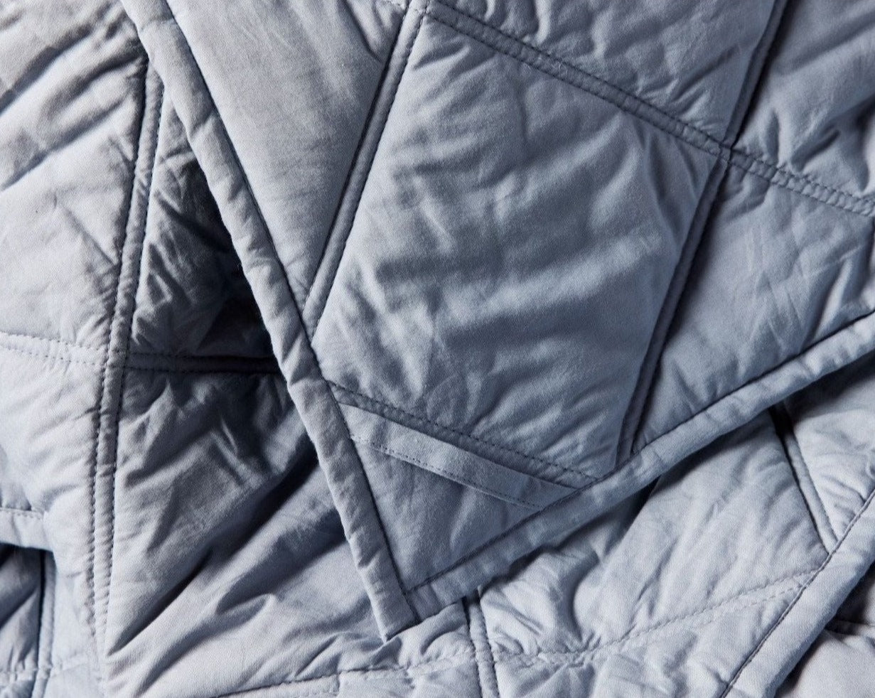 Coyuchi Organic Diamond Stitched Comforter - close up of blanket #colour_steel blue