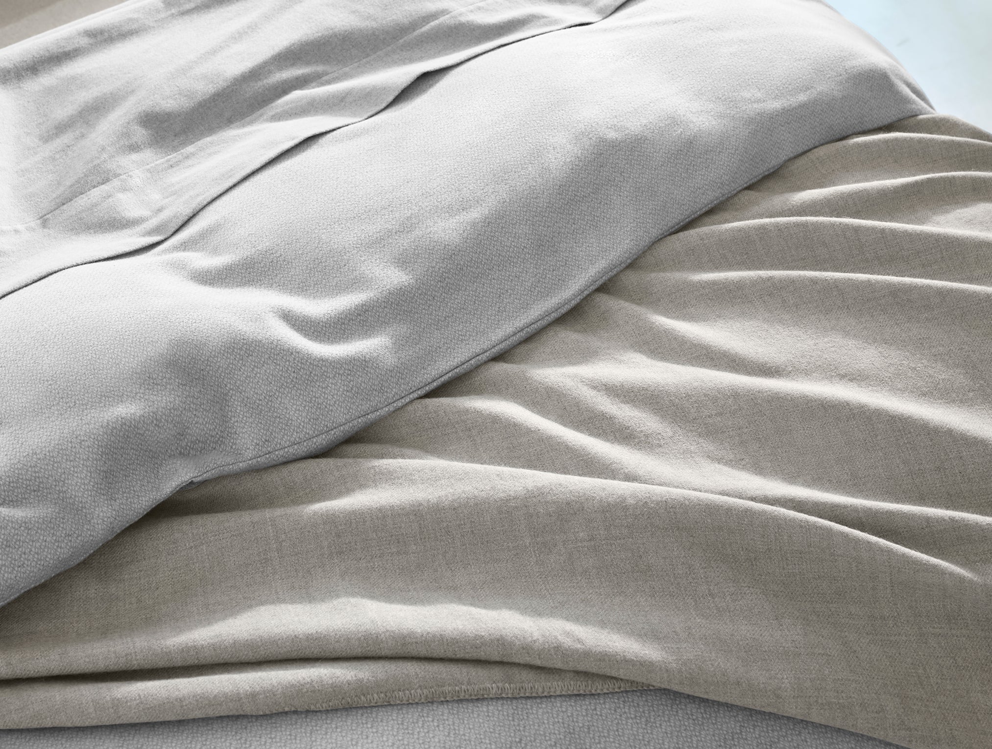 Coyuchi Cloud Brushed Organic Flannel Texture Duvet Cover - close up of fabric #colour_pale gray heather