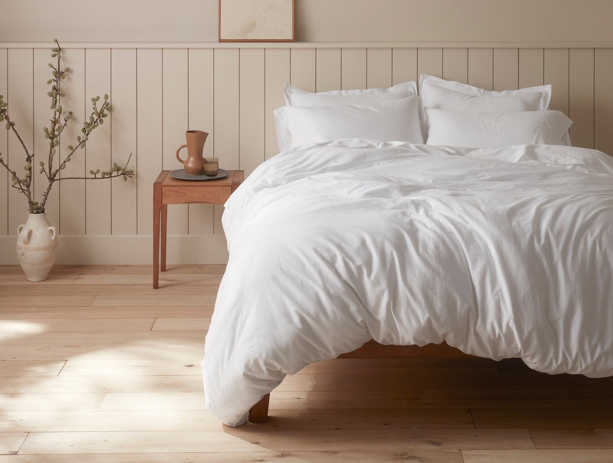 Coyuchi Organic Cloud Soft Sateen Duvet Cover - staged bed #colour_alpine white