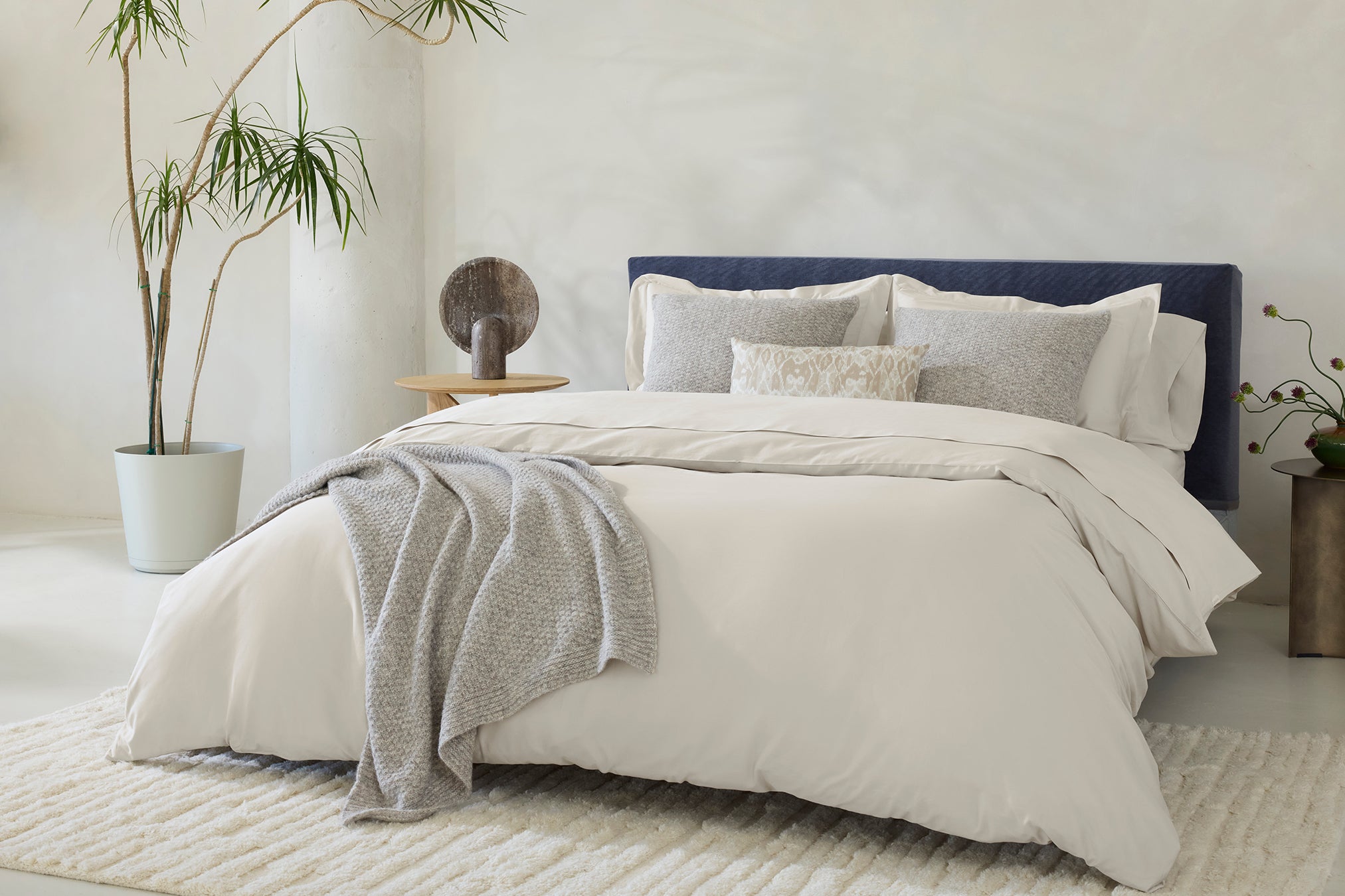 Coyuchi Organic Cloud Soft Sateen Duvet Cover - staged bed #colour_stone