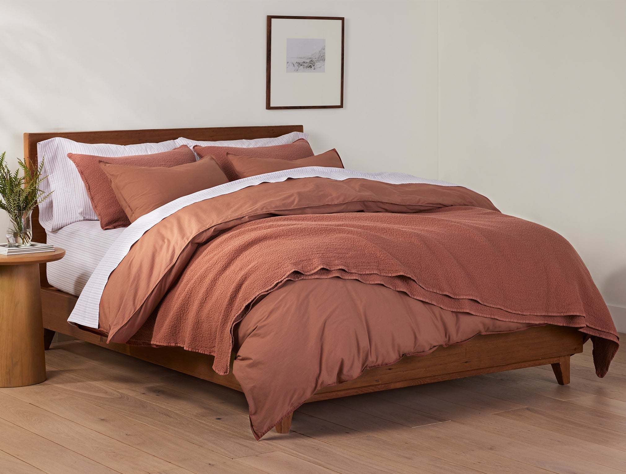 Coyuchi Organic Crinkled Percale Duvet Cover - staged bed #colour_sedona