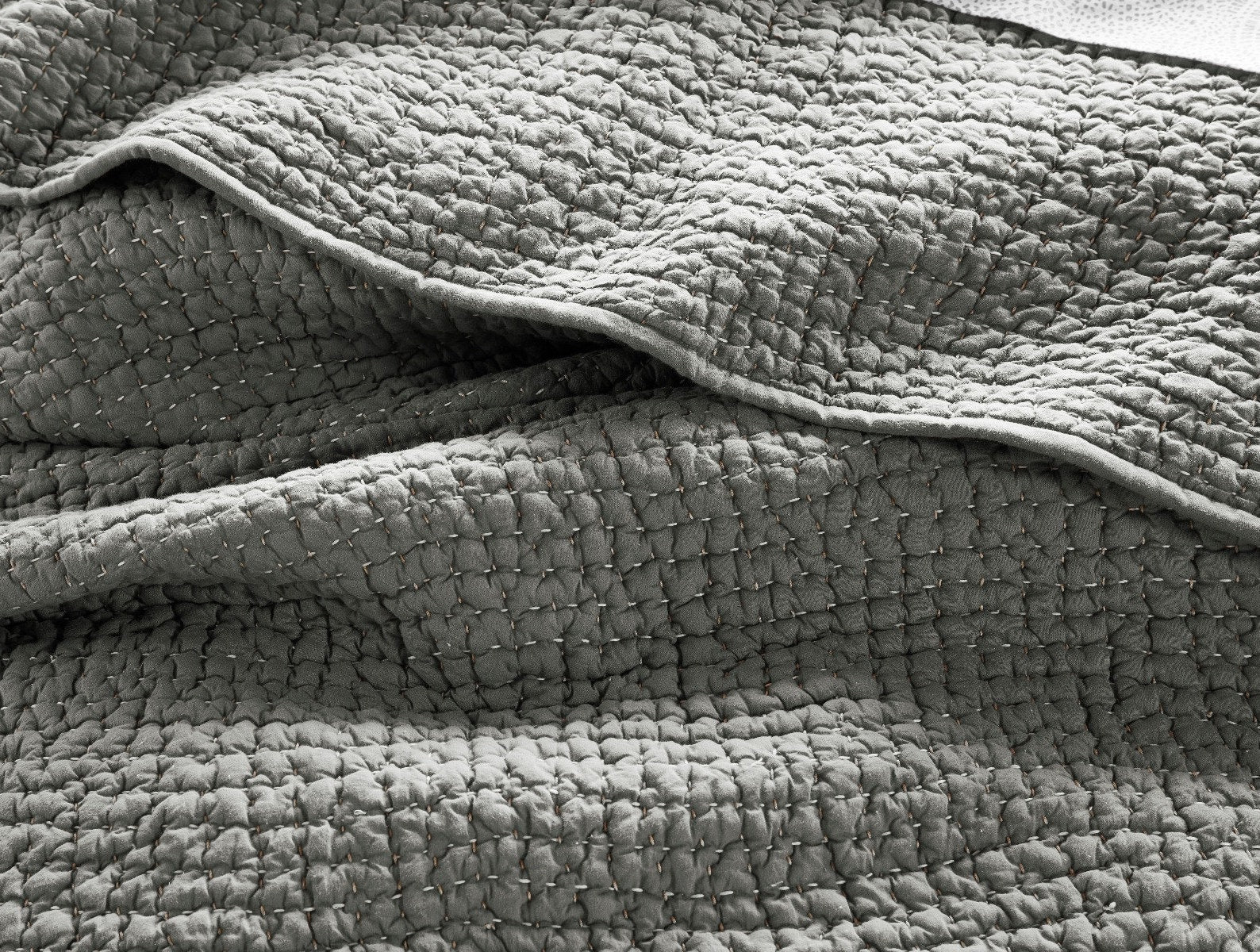 Coyuchi Organic Pebbled Hand Stitched Quilt - close up of texture #colour_slate