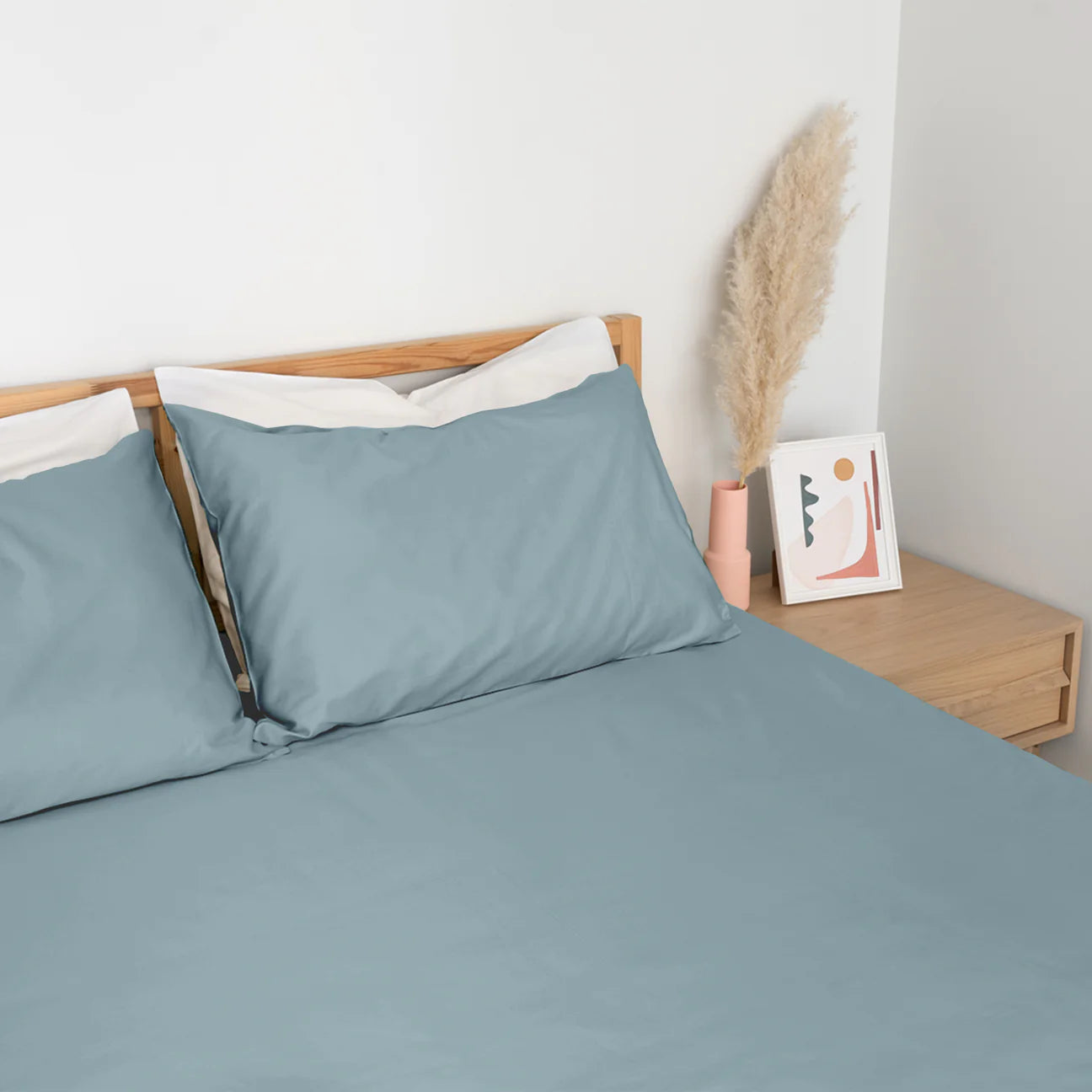Homebird Organic Percale Fitted Sheet and Pillowcases - staged bed #colour_aqua blue