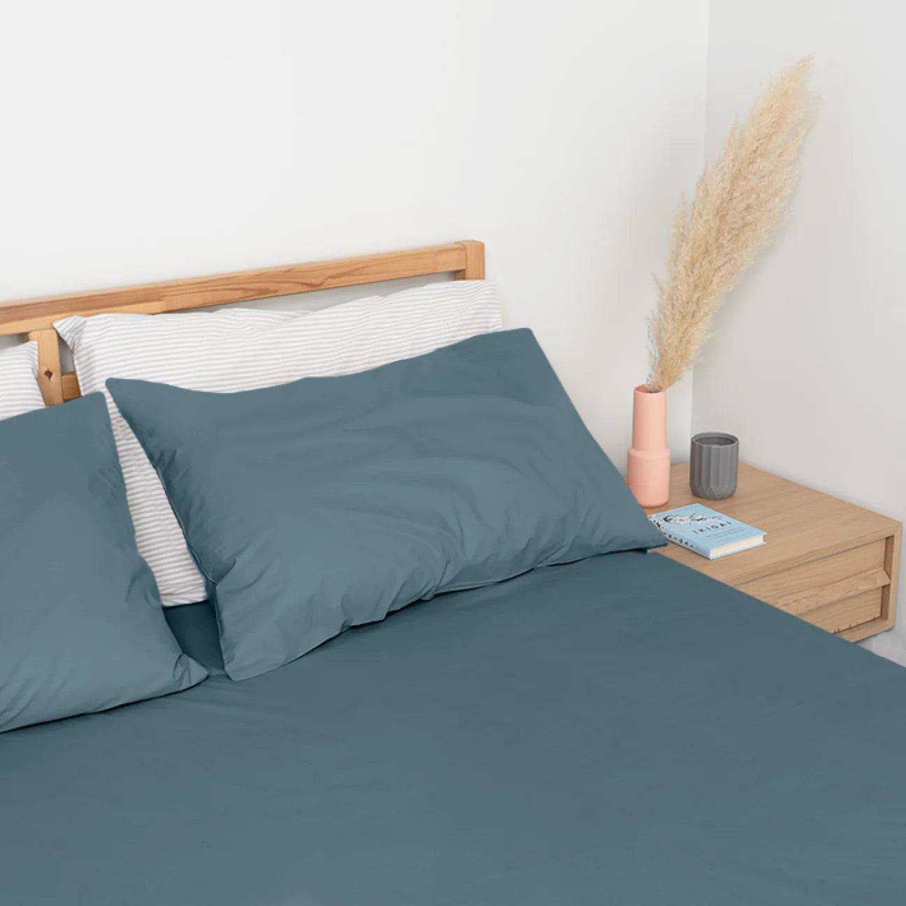 Homebird Organic Percale Fitted Sheet and Pillowcases - staged bed #colour_ink