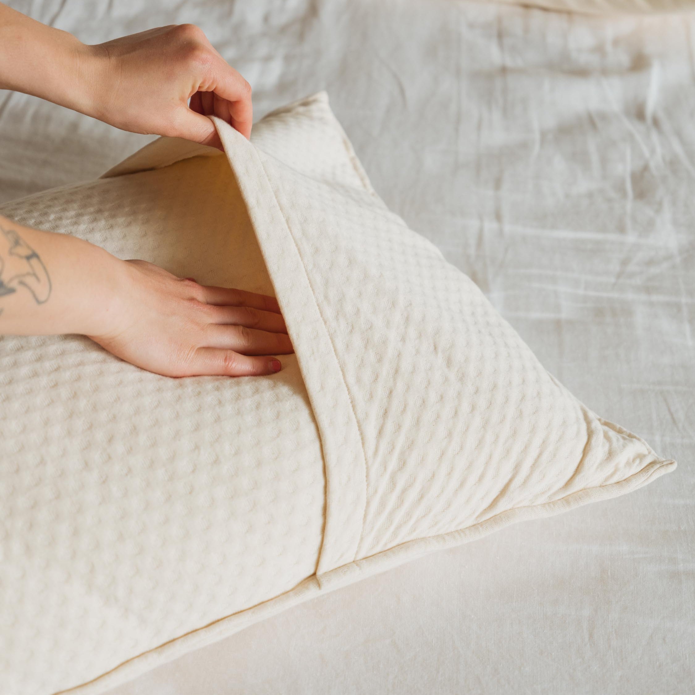 Kakun Organic Luxury Pillow Cover Outer - envelope opening held open