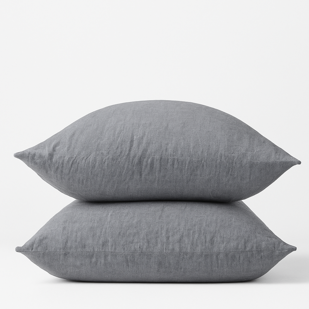 Two slate charbray linen pillows stacked on a white background