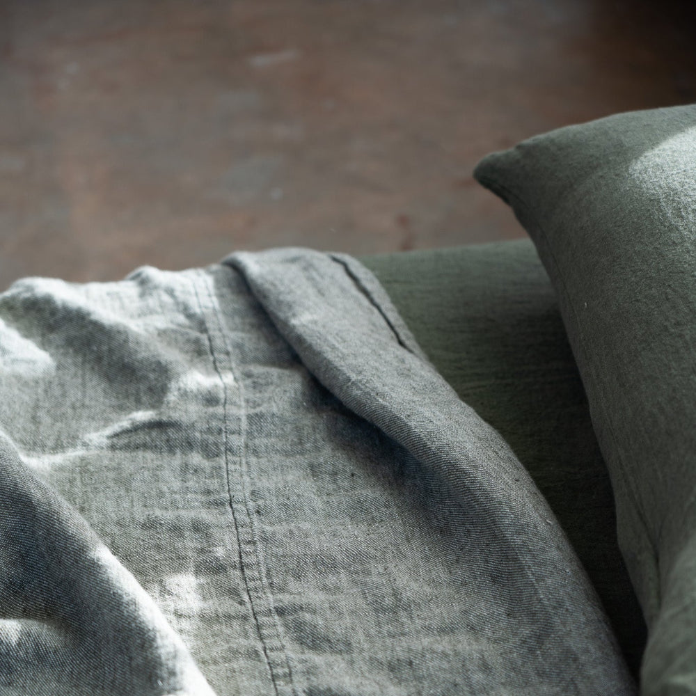 European Linen by Somn - bedspread in Olive corner on bed #colour_olive