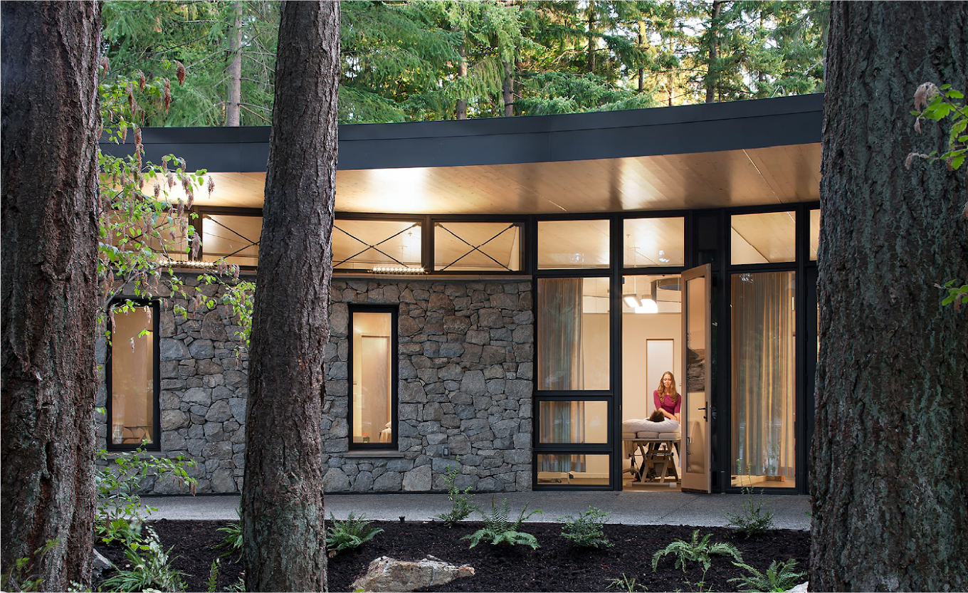 Modern house with stone facade and large windows in a forest setting