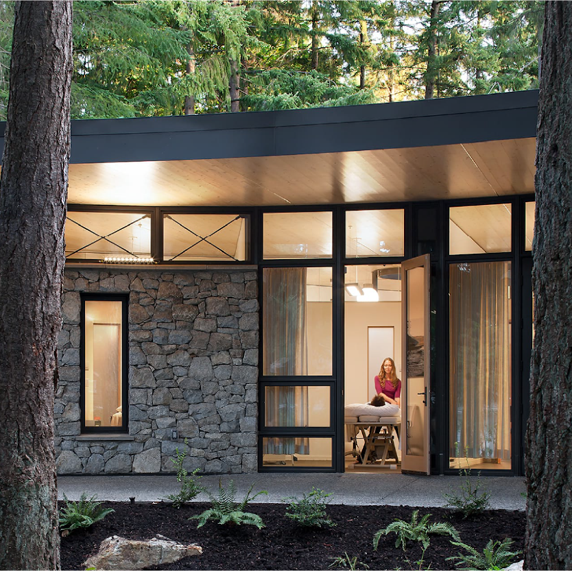 Modern house with stone facade and large windows in a forest setting