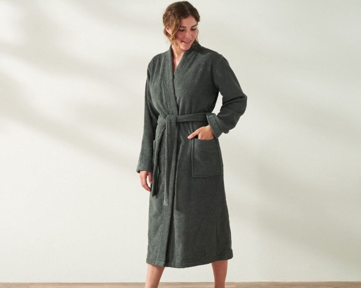 Airweight Organic Robe - Loomed from pure, organic cotton, the soft, absorbent weave is designed to dry quickly on the hook or in the dryer. Unisex styling with double belt loops.