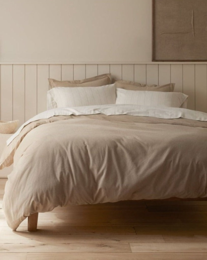 Coyuchi Organic Cloud Brushed Flannel Duvet Cover - staged bed white pillows #colour_camel heather
