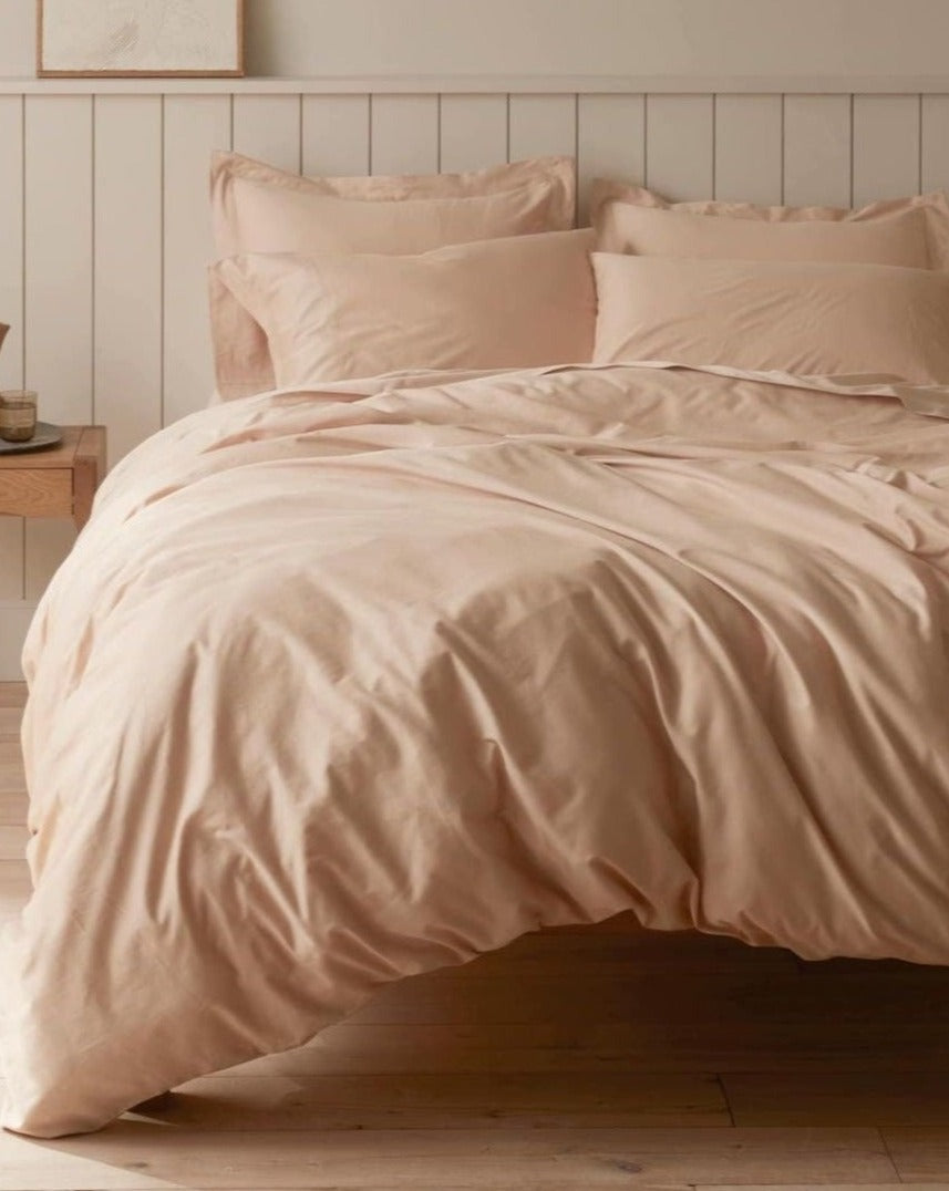 Coyuchi Organic Cloud Soft Sateen Duvet Cover - staged bed #colour_chai