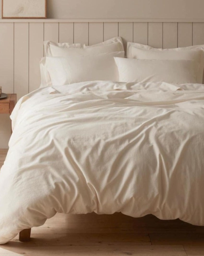 Coyuchi Organic Cloud Soft Sateen Duvet Cover - staged bed #colour_undyed