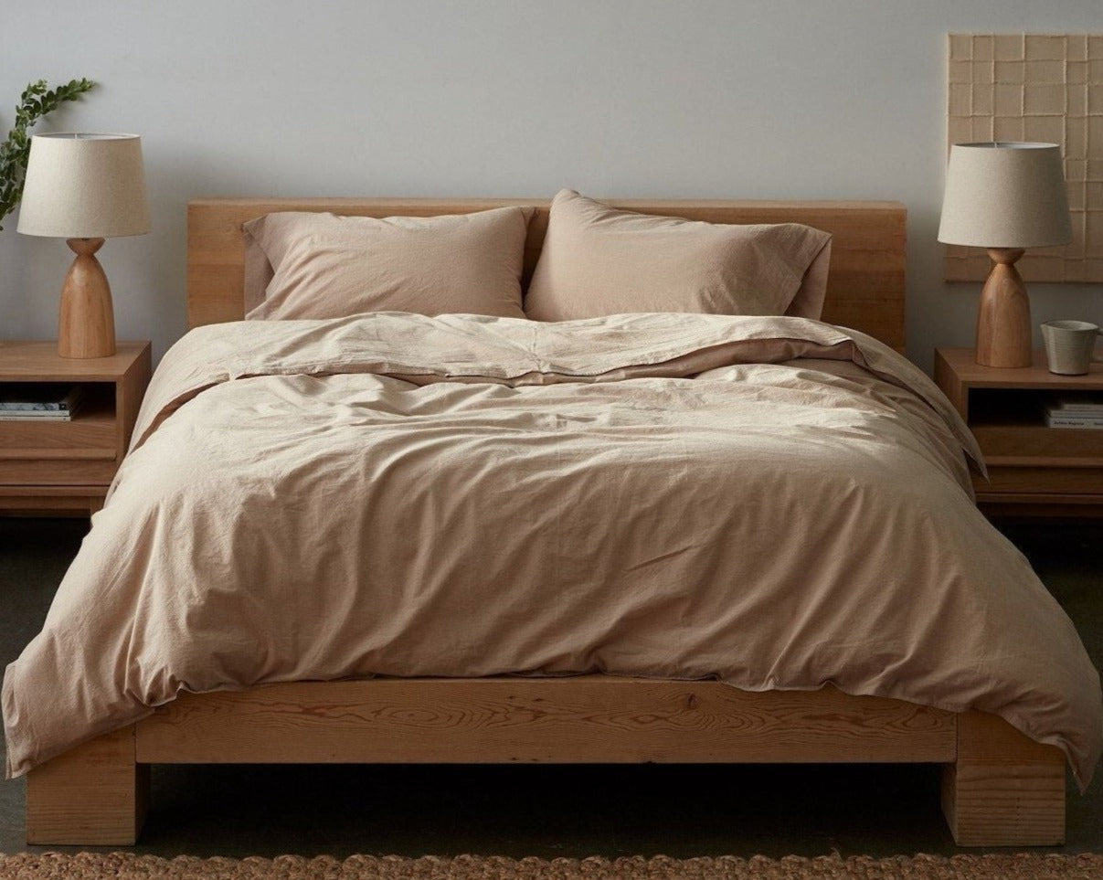 Coyuchi Organic Crinkled Percale Duvet Cover - staged bed #colour_Hazel Chambray