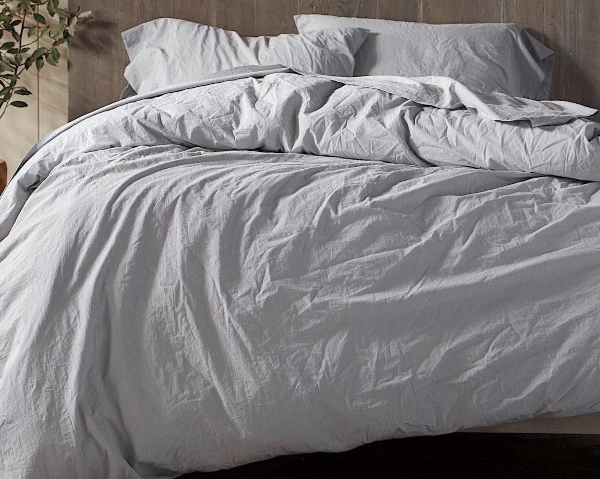 Coyuchi Organic Crinkled Percale Duvet Cover - staged bed #colour_Pewter