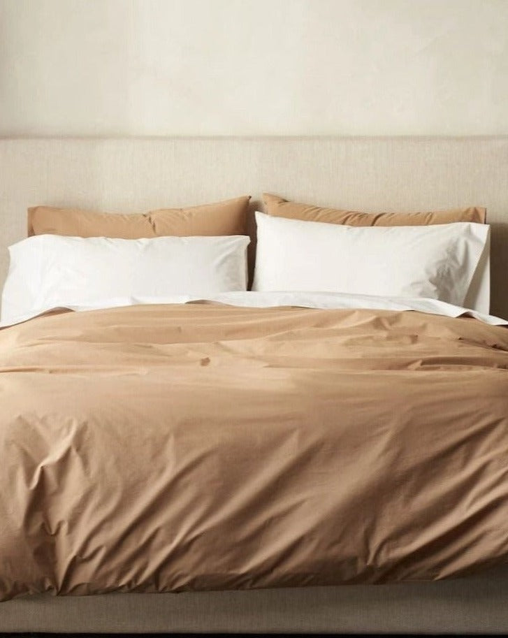 Coyuchi Organic Refined Percale Duvet Cover - staged bed #colour_fawn