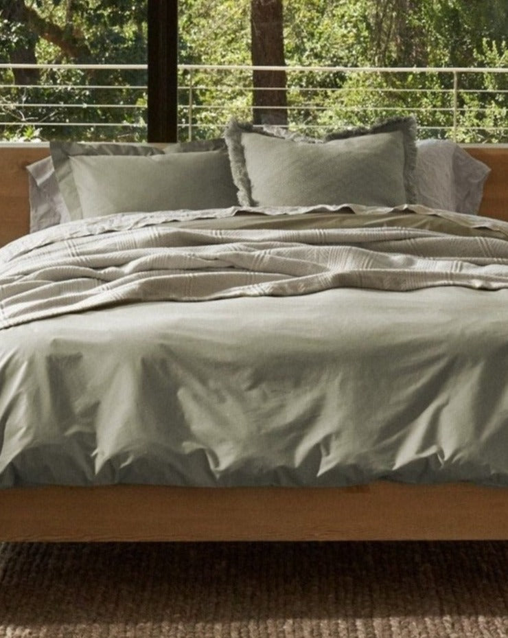 Coyuchi Organic Refined Percale Duvet Cover - staged bed #colour_laurel