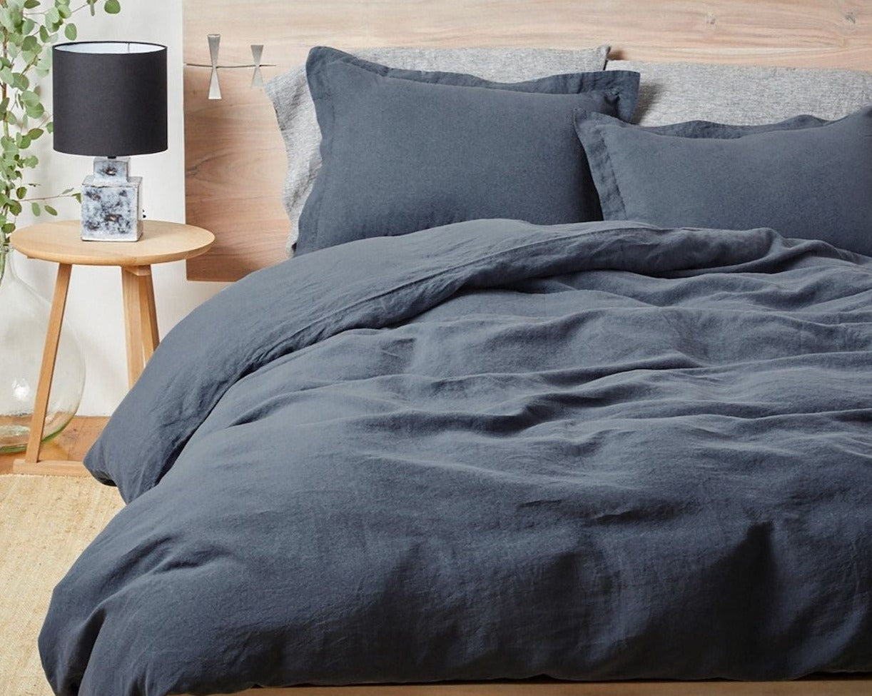 Coyuchi Organic Relaxed Linen Duvet Cover - staged bed #colour_harbor blue