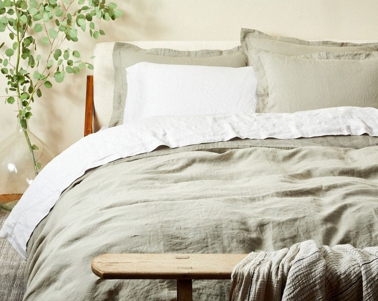 Coyuchi Organic Relaxed Linen Duvet Cover - zoomed in staged bed #colour_laurel