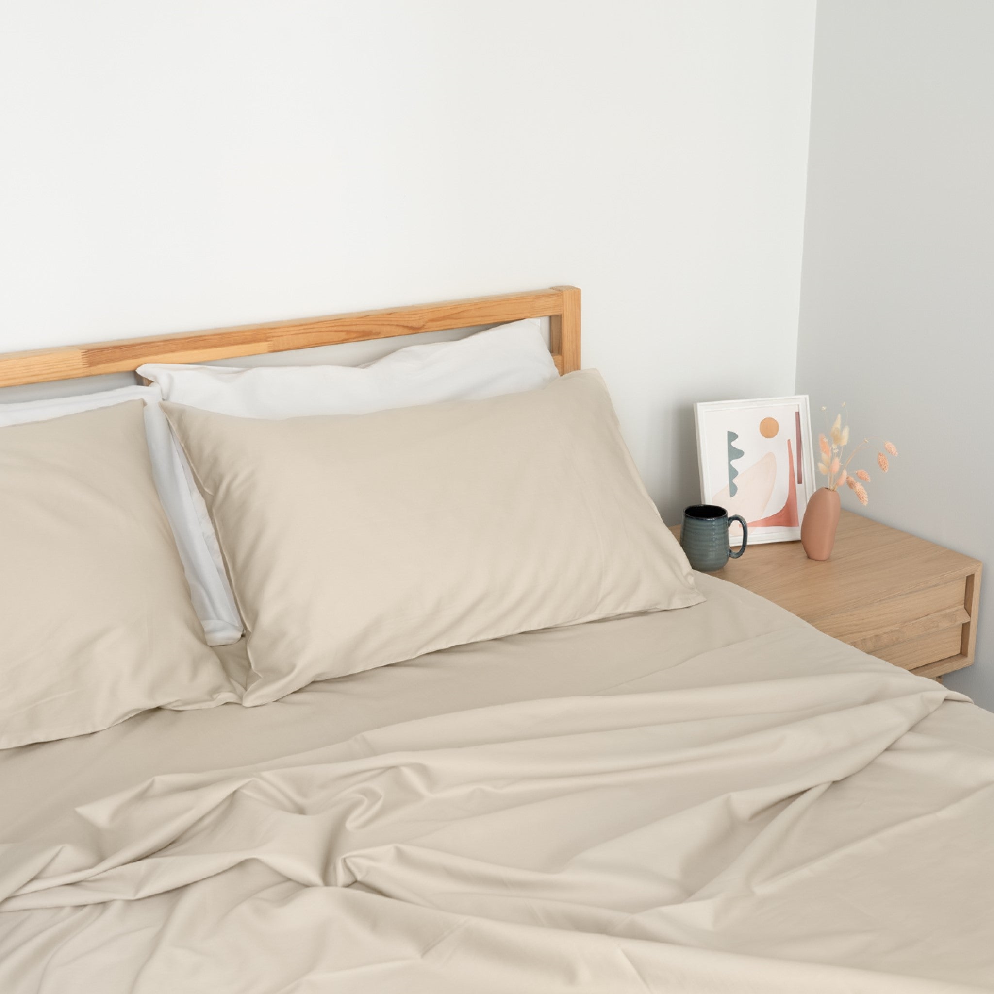 Homebird Organic Sateen Flat Sheet - staged bed #colour_sand